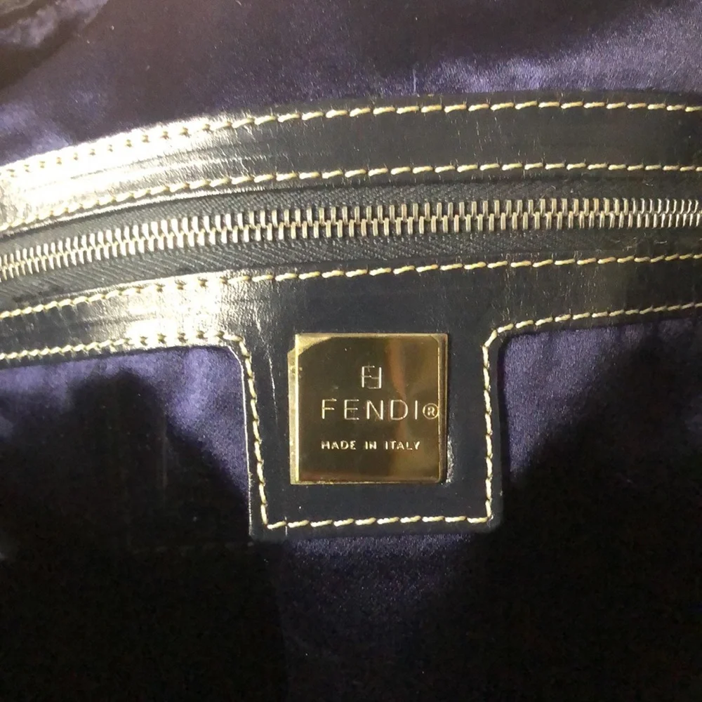 FENDI Zucca Navy Blue Leather Canvas Boston Duffle Travel Bag Speedy 30 EUC
